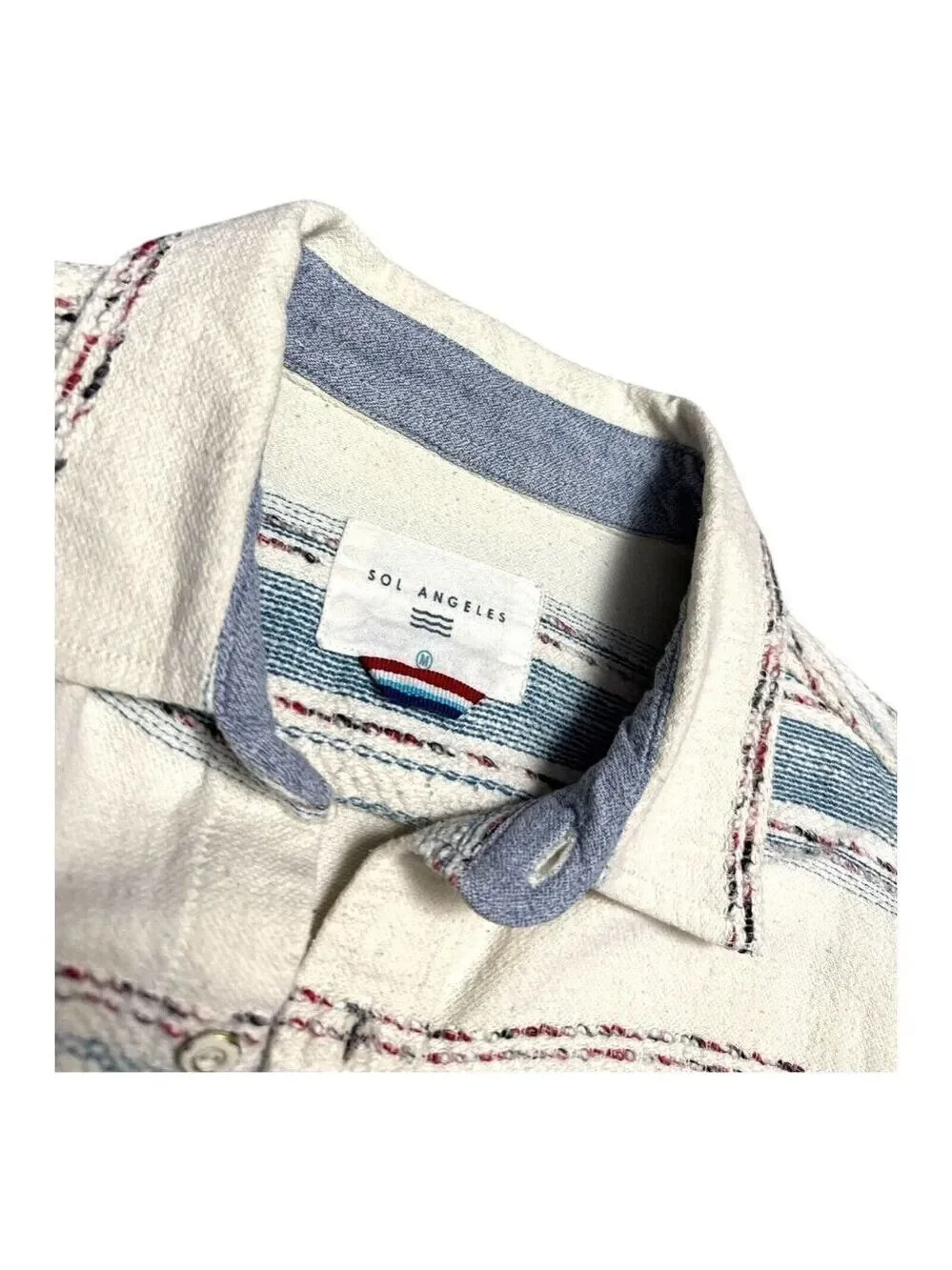 SOL ANGELES Embroidered Luxury Designer Striped Casual Button Shirt Mens Medium - Picture 3 of 5